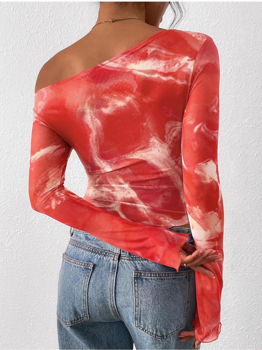 One-Shoulder Red Tie-Dye Long Sleeve Top